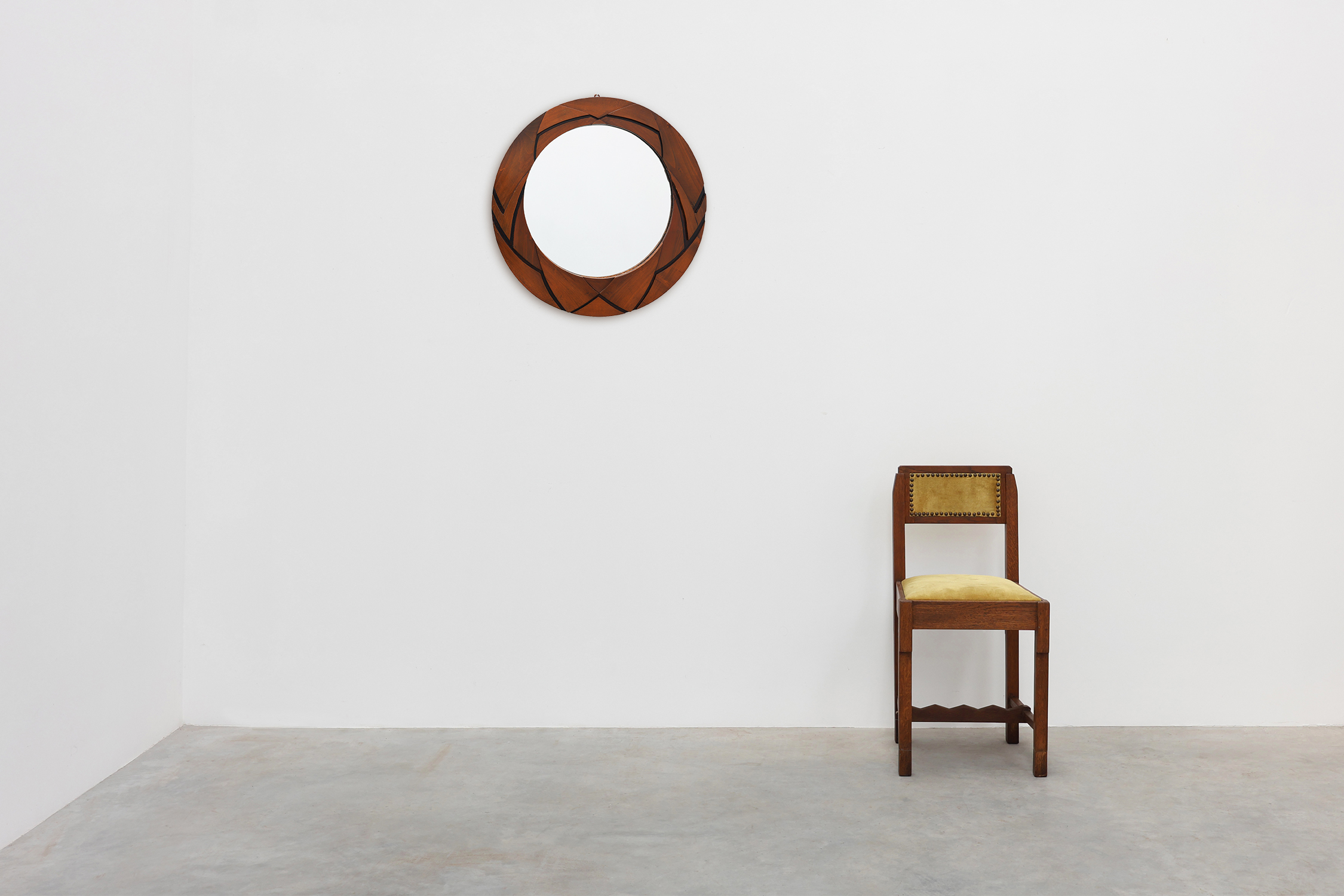 Belgian Art Deco Round Mirror with Geometric Wooden Frame, circa 1920thumbnail